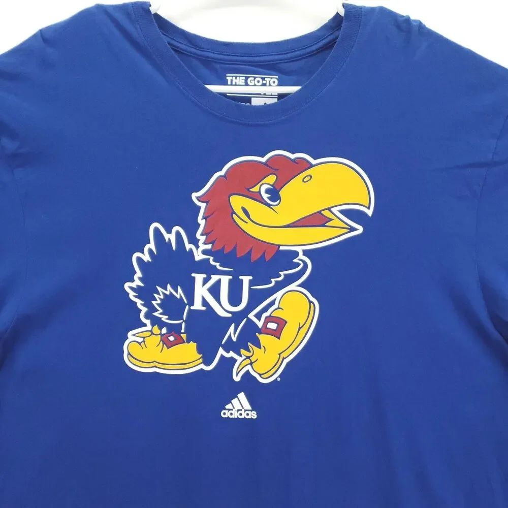 Adidas Kansas Jayhawks Shirt Mens XL Blue Cotton 3-Stripe Crew Neck Pullover
